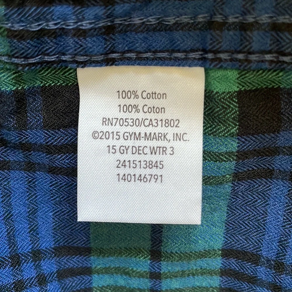 Gymboree long sleeve blue, black & green plaid button down shirt.  Boys size L